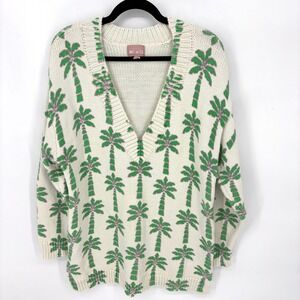 Show Me Your Mumu Gilligan Palm Tree V Neck Sweater Cream Green Purple Size M